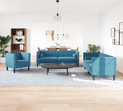 Immagine prodotto di Set Divani Chesterfield 3pz con Cuscini Blu Velluto