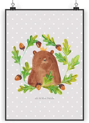 Produktbild von Mr. & Mrs. Panda Bild Bär König DIN A3 - Grau Pastell - Geschenk, Plakat, Vatertag, wanddeko, Kunstdruck, Teddy, drucke, Dad, Papi, Wandbild, Vater, Papa