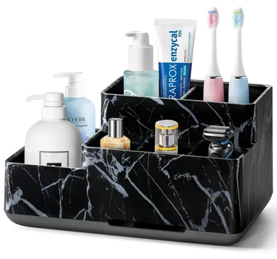 Image de Porte-brosses à dents avec organisateur à 6 compartiments et trous de drainage | Antidérapant | Noir