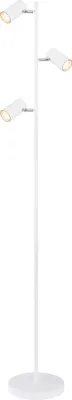 A white floor lamp with three adjustable spotlights.