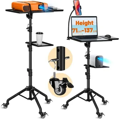 Zdjęcie produktu dla Uniqoos® Regulowany statyw do projektora na kółkach – wysokość 71–137 cm, obrotowa półka (180°), metalowa konstrukcja, udźwig 14 kg, miejsce do przechowywania i uchwyt na telefon