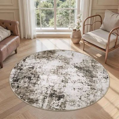 Obrázek produktu pro Kulatý koberec, průměr 120 cm, hnědý, omyvatelný a s protiskluzovou úpravou, s abstraktním vzorem