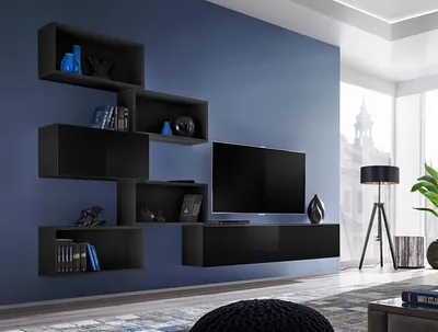 Image de Meuble mural noir Lowboard Moderne Meuble TV Salon Étagère murale