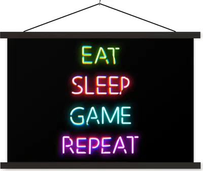 Produktbild von MuchoWow® Textilposter Gaming - Led - Zitat - Eat sleep game repeat - Gaming 150x100 cm mit schwarzem Rahmen - Schlafzimmer