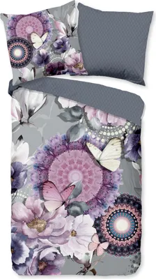 Produktbild von Hip Renforcé  Bettwäsche - Ella -  Mandalas, Blumen, Schmetterlinge, grau, lila 135 x 200 cm lila Mandalas mit Blumen und Schmetterlingen, grau