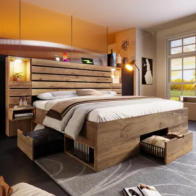 Immagine prodotto di Letto in legno 160x200 cm, letto matrimoniale con faretti LED, USB Type-C, contenitore, cassetti e comodini sospesi, effetto rovere, senza materasso