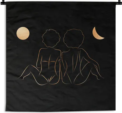 Produktbild von MuchoWow® Wandteppich Wandbehang Frauen - Mond - Gold - Strichzeichnung 150x150 cm Tapisserie Dekoration Wandtuch - Wohnaccessoires - Modernes