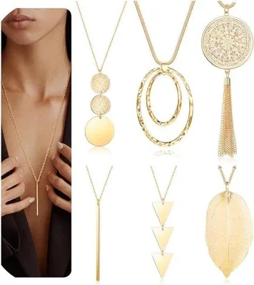 Produktbild von 6-teilig lange Halsketten-Set für Damen - Gold/Silber Kostüm-Boho-Trui-Circle-Blatt-Franse-Schmuck-Mode-Sets