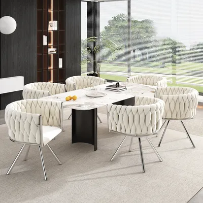 Immagine prodotto di MODFU, sedia girevole, sedia da pranzo in velluto, set da 6 pezzi, sedia girevole beige e argento, ideale per il soggiorno o la camera da letto, con 4 gambe in metallo