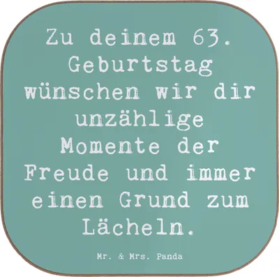 Produktbild von Mr. & Mrs. Panda Untersetzer Tasse Spruch 63. Geburtstag Freude - Meeresbrise - Geschenk, Geburtstagsgeschenk, Happy Birthday, Gläser, Glückwunsch, besondere Momente, für