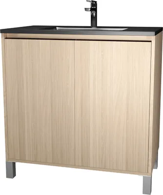 Image de Meuble de salle de bains 80 cm 2 Portes Chêne Clair + Vasque Céramique Noire - XENOS
