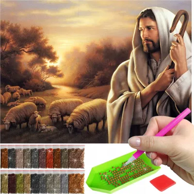 Zdjęcie produktu dla Haft diamentowy ARTULIO - Jezus Pasterz z owcami - 40 x 30 cm - Diamond painting, Kompletny zestaw: mozaika + akcesoria