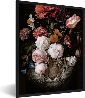Produktbild von MuchoWow® Gerahmtes Poster Blumen - Jan Davidsz de Heem - Tiger - Gemälde - Stillleben - Alte Meister 60x80 cm - Poster mit Schwarzem Bilderrahmen Wandposter Rahmen Foto Bilder - Premium - Wanddeko Wohnzimmer