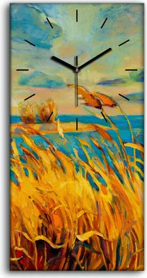 Produktbild von Wanduhr Uhr Wandbild Leinwand 30x60 Gemälde Feld Himmel Wolken Meer Bäume - schwarze Hände