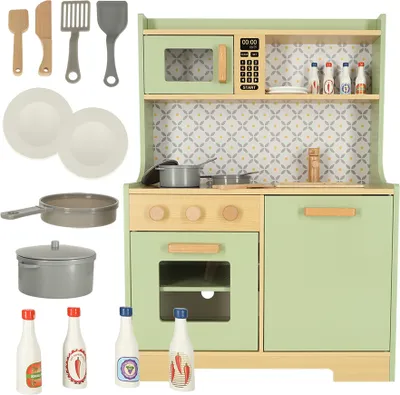 A collection of toy kitchen items, including a play kitchen, pots, pans, plates, utensils, and bottles, arranged on a white background.
