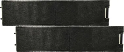 Two black carbon filters are stacked on a white background.