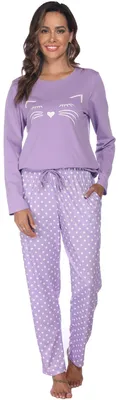 Produktbild von Pyjama für Damen, lange Ärmel – Baumwoll-Pyjamahose – Atmungsaktiv/Nachtwäsche – Weich/Bequem – Katzenmuster – Perfekt als Loungewear