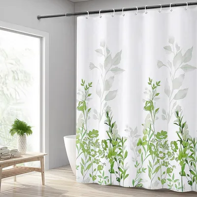 Obrázek produktu pro Sprchový závěs 180 x 180 cm se zeleným květinovým vzorem, z omyvatelné polyesterové tkaniny, voděodolný, s 12 háčky
