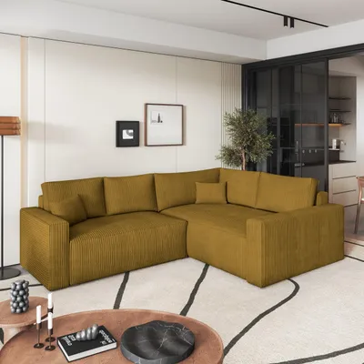 Produktbild von Masseno Ecksofa ERONIS R-S mit Schlaffunktion L-Form, Sofa mit Bettkasten, Wohnzimmersofa, Couch, Soffa, Bettsofa, Couchgarnitur- Gelb, POSO 01
