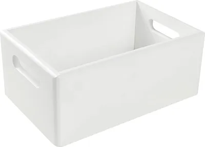 A white wooden storage box with handles, shown from a slightly elevated side angle against a white background.