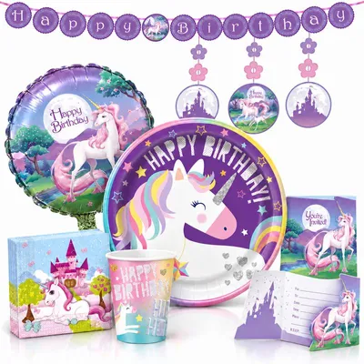 Produktbild von Geburtstag Party Set Einhorn lila Teller Becher Servietten Kindergeburtstag