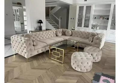 Produktbild von Ecksofa Moet L-Form beige 323x262 cm groß – Wohnlandschaft modern, gesteppt, Bonellfederkern, frei stellbar