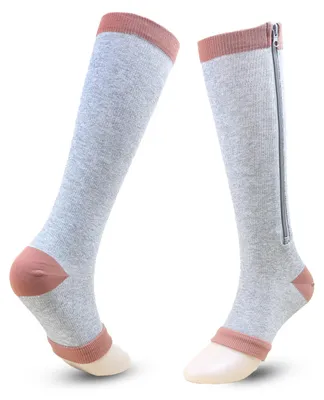 Immagine prodotto di Calze compressive con cerniera – Taglia L/XL – 18-25 cm – Calze a compressione – Punta aperta – Calze fino al ginocchio – Calze da viaggio per voli – Grigio