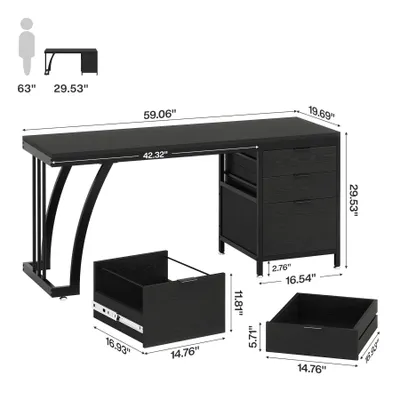 Produktbild von Tribesigns Schreibtisch mit 3 Schubladen, 150 cm PC-Schreibtisch mit wendbaren Schubladen, industriell Arbeitsplatz Ablagefläche Homeoffice, Schwarz