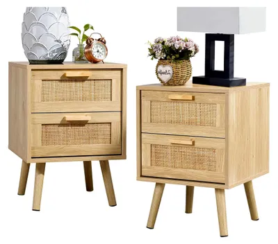 Produktbild von Nachttisch, Beistelltisch mit 2 handgefertigten Rattan-Schubladen, 2er-Set, Holznachttisch, Stauraum für Schlafzimmer, Natur, 2 Stück
