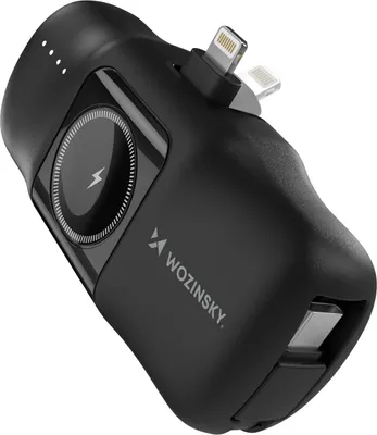 A black Wozinsky mini-powerbank with integrated charging cables and a magnetic charging pad.