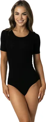 Produktbild von Alkato Damen Kurzarm Body Baumwolle Bodysuit mit Rundhalsausschnitt blickdicht, Farbe: Schwarz, Größe: S (Long 170-176 cm)