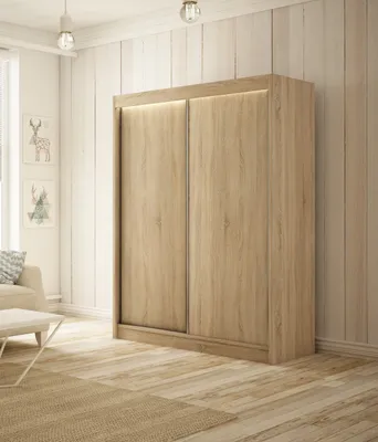 Produktbild von Kleiderschrank Saturn 120 cm inklusive 2 Schiebetüren Lieferung bis in die Wohnung Kleiderstange Garderobe Schrank Mehrzweckschrank Hochschrank Schlafzimmer (Farbe: Eiche sonoma)