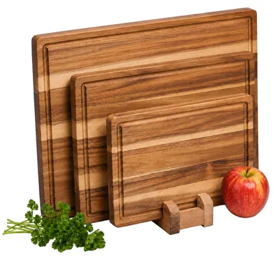 Productafbeelding van Relaxdays snijplanken, set van 3, 3 verschillende maten, met standaard, opvangrand, gemaakt van acaciahout, keukenplanken, ontbijtplankjes, bruin