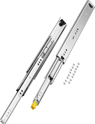 Two metal drawer slides and a set of screws on a white background.