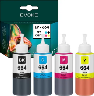 A box of printer ink cartridges and four individual ink bottles.