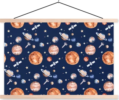 Produktbild von MuchoWow® Textilposter Muster - Weltraum - Planeten - Jungen - Mädchen - Kinder - Kinder 120x80 cm mit holzfarbenen Rahmen - Aufhängeset