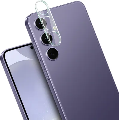 A close-up shot of a smartphone's rear camera module with a lens protector applied.