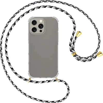 Produktbild von Handykette Backcover-Schutzhülle mit Band (Metall goldfarben) für iPhone 16 Pro Max - schwarz/grau/weiß
