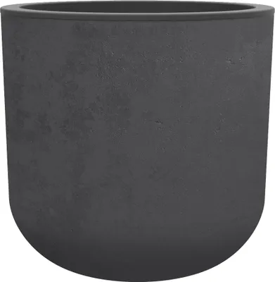 A dark gray, round planter pot with a textured surface.