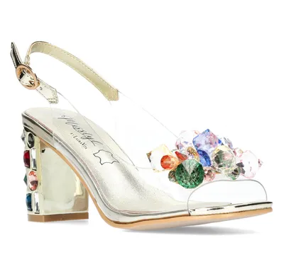Produktbild von LAURA VITA Vinylsandalette durchsichtig/gold/beige mit bunten Glasperlen im Absatz und beiger Glasperlengarnitur Grösse 35 EU