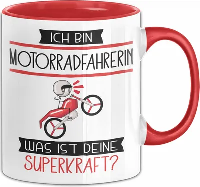Produktbild von Motorradfahrerin Geschenk Tasse Ich Bin Motorradfahrerin Was Ist Deine Superkraft Geschenkidee Lustig Geburtstag Weihnachten (Rot)