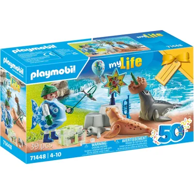 Produktbild von PLAYMOBIL myLife, Tierfütterung, tierische Geburtstagsparty, zwei Robben, Robbenbaby, Tierpflegerin im Fischkostüm, Spiel-Set ab 4 Jahre, 71448