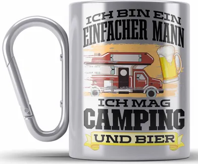 Produktbild von Trendation - Wohnwagen Camper Edelstahl Tasse Karabiner Geschenke Wohnmobil für Männer Campingwagen Geschenkidee Zubehör Camping Opa Oma Rentner Lustig Grafik Bier (Silber)