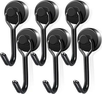 Produktbild von 6-Stück-Magnethaken-Satz, 16 mm, 10 kg Tragfähigkeit, rotierbare Magnethaken, Edelstahlhaken, für Küchen, Kühlschränke und Schränke, schwarz.