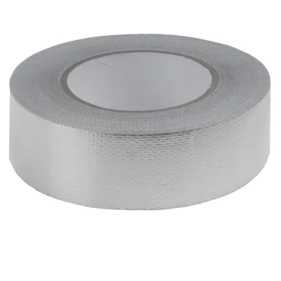 A roll of silver tape on a white background.