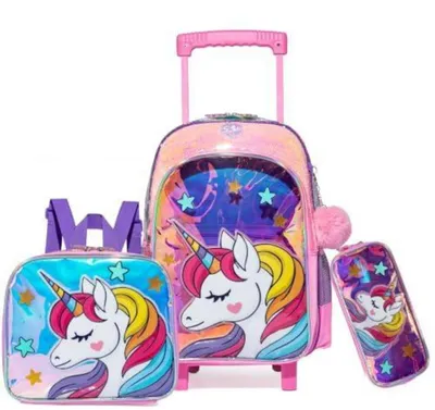 Immagine prodotto di Zaino con ruote per bambini, 3-in-1: zaino, astuccio e trolley, ideale come bagaglio a mano, colore rosa, motivo unicorno