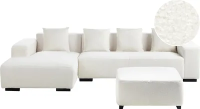 Produktbild von BELIANI 4-Sitzer Ecksofa Weiß Stoffbezug Bouclé L-Förmig mit Ottomane Chaiselongue Rechtsseitig 4 Dekokissen Modern Wohnzimmer Wohnlandschaft Sofa