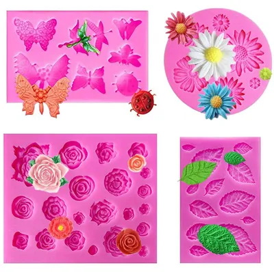 Immagine prodotto di Stampi in silicone per decorazioni di torte, con motivi floreali 3D: 4 pezzi, tra cui rose, girasoli, foglie e farfalle, ideali per la decorazione di torte