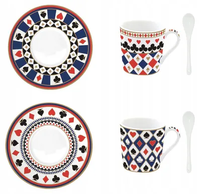 Produktbild von Domdekoracji Set 2 Porzellan-Tassen, Kartenmotiv, Untertasse, Löffel
