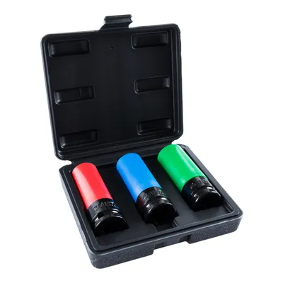Produktbild von STIER Kraft Steckschlüssel Satz, Antrieb 1/2 Zoll, SW 17/19/21 mm, Nüsse, Schonnüsse, lange Ausführung, 3-teilig, in praktischem Behälter, für Radmontage